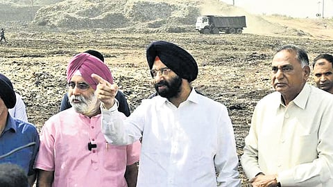 Delhi's Environment Minister Manjinder Singh Sirsa inspects the Okhla landfill site on Thursday.