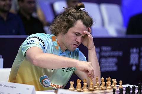 Norwegian Magnus Carlsen, left, of SG Alpine Warriors plays against Poland’s Jan-Krzysztof Duda of Chingari Gulf Titans during Global Chess League in Dubai United Arab Emirates, on July 1, 2023. 