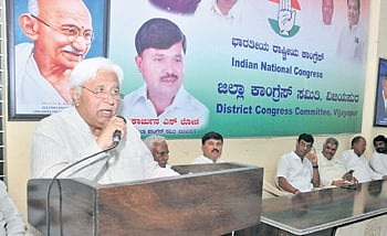 Law and Parliamentary Affairs Minister HK Patil addresses party workers at Congress office in Vijayapura on Saturday 