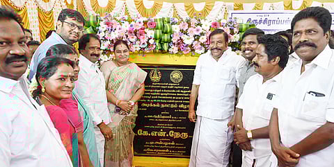 Minister KN Nehru performs the 'bhoomi puja' for the new Woraiyur-Kudamurutti road project in Tiruchy on Saturday.