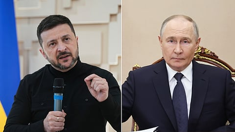 (L-R) A collage of Ukrainian President Volodymyr Zelenskyy and his Russian counterpart Vladimir Putin.