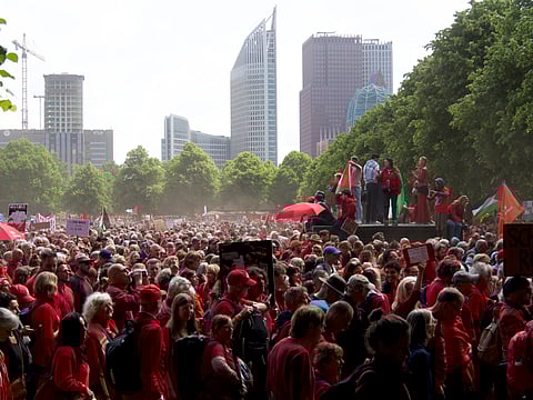 Demonstrators gather on the Malieveld for the Red Line protest in The Hague, Netherlands on Sunday, May 18, 2025. 