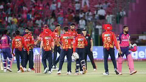 Punjab Kings' team members celebrate their win over Rajasthan Royals in the Indian Premier League cricket match between Rajasthan Royals and Punjab Kings at Sawai Mansingh Stadium in Jaipur, India, Sunday, May 18, 2025.