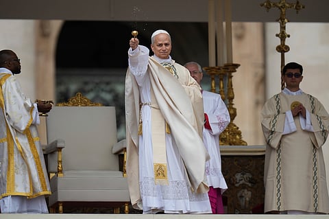 Pope Leo XIV holds Mass during the formal inauguration of his pontificate in St. Peter's Square attended by heads of state, royalty and ordinary faithful, Sunday, May 18, 2025.
