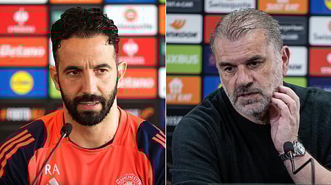 Manchester United manager Ruben Amorim (L) and Tottenham manager Ange Postecoglou (R) will both be aiming for their first trophy at their respective clubs, in a season overshadowed by underwhelming Premier League performances.