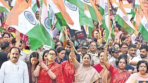 Delhi CM Rekha Gupta along with other BJP leaders during the yatra on Monday.
