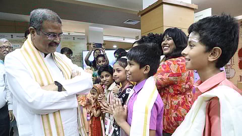 Education Minister Dharmendra Pradhan at an event in New Delhi to launch the Bharatiya Bhasha Summer Camp on Monday.