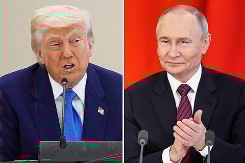 This combination photo shows President Donald Trump in a business roundtable, May 16, 2025, in Abu Dhabi, United Arab Emirates, left, and Russian President Vladimir Putin at a signing ceremony at the Kremlin in Moscow, May 10, 2025. 