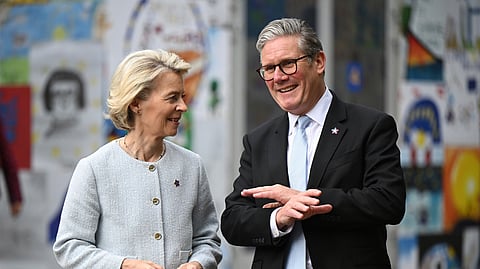The European Commission President Ursula von der Leyen, left, and UK Prime Minister Keir Starmer greet each other ahead of their bilateral meeting at the 6th European Political Community summit in Tirana, Albania, May 16, 2025.