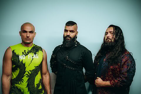 Raoul Kerr, Karan Katiyar, and Jayant Bhadula, members of Bloodywood 