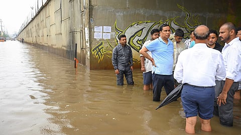 Assam Minister Jayanta Mallabaruah during a visit to waterlogged areas, in Guwahati, Tuesday, May 20, 2025.