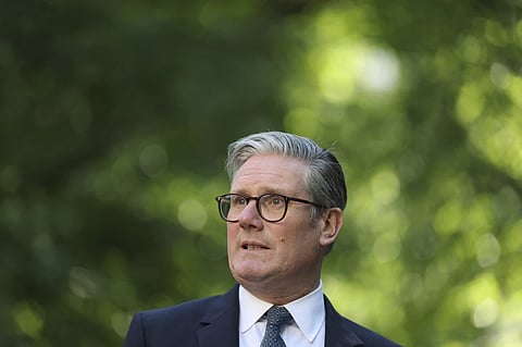 Britain’s Prime Minister Keir Starmer speaks during a reception following the UK-EU summit, in London, Monday May 19, 2025.