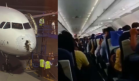 The nose cone of the aircraft had a gaping hole in it (L); passengers were seen panicking and screaming in a video shared on X.
