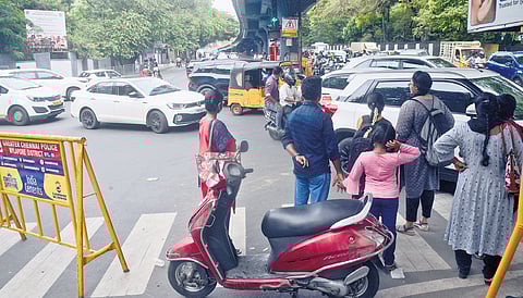 A long line of slow-moving vehicles moving along the Sardar Patel Road on Wednesday, with congestion stretching towards Adyar and OMR 