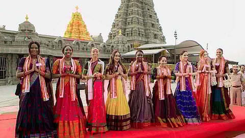 Miss World contestants wearing Swathi Matam creations at Yadadri Temple