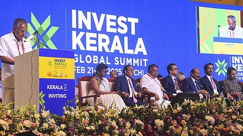 Kerala Chief Minister Pinarayi Vijayan delivers the inaugural address during Invest Kerala Global Summit 2025 in Kochi.