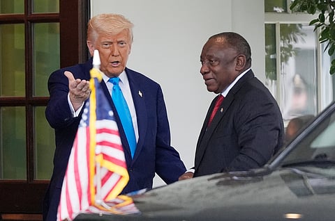 Donald Trump greets South African President Cyril Ramaphosa at the White House, Wednesday, May 21, 2025, in Washington.