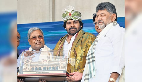 CM Siddaramaiah and DCM DK Shivakumar honour AP DCM Pawan Kalyan at Vidhana Soudha in Bengaluru on Wednesday