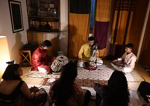 (L-R) Fazal Dholpuri (tabla) & Tanish (sarangi) during their recent concert at 'Upstairs with Us'