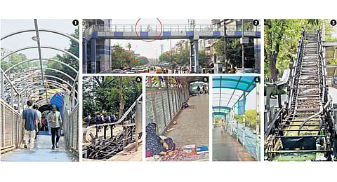 1&5. Broken sheds at Majnu Ka Tila 2. Cyclist riding through FOB at School Block, Ganesh Nagar 3. Dilapidated escalator at RML Hospital 4. Damaged sheds on a FOB at Hasanpur Depot, Patparganj 6. Poor maintenance at Talkatora Garden.