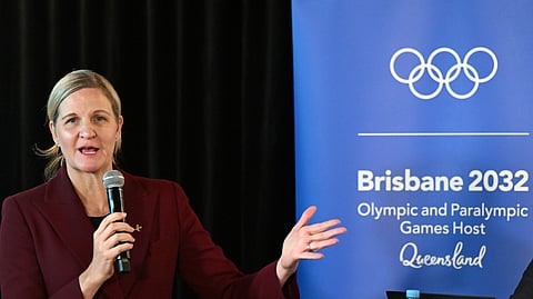 IOC president-elect Kirsty Coventry speaks at a press conference for the Brisbane 2032 Olympic and Paralympic Games in Brisbane, Australia, Thursday, May 22, 2025.