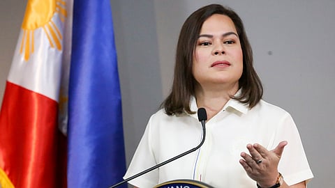 Philippine Vice President Sara Duterte gestures as she speaks during a press conference in Manila, Philippines, on Feb. 7, 2025.