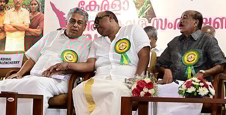 Former MLAs George J Mathew and P M Mathew interact with BDJS national president Thushar Vellappally 