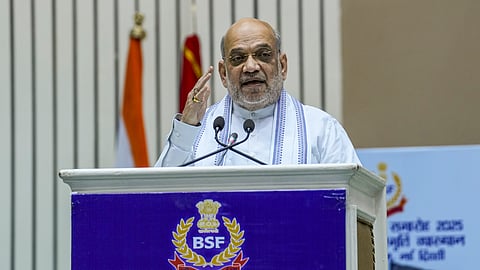 Union Home Minister Amit Shah addresses during the Border Security Force (BSF) Investiture Ceremony and Rustamji Memorial Lecture, in New Delhi, 