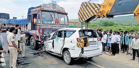 Police are examining the accident spot near Taticherla Motu village of Komarolu mandal in Prakasam district on Friday.