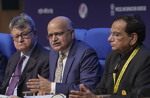 NITI Aayog CEO BVR Subrahmanyam, Vice Chairperson Suman Bery and member VK Paul during a press briefing on NITI Council meeting,