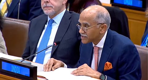 Permanent Representative of India to the United Nations Harish Parvathaneni delivers India's statement at the Arria Formula Meeting on Protecting Water in Armed Conflict - Protecting Civilian Lives, at UN headquarters, in New York, USA. 