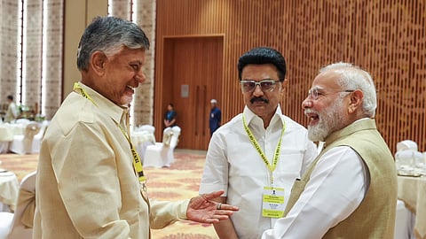 Prime Minister Narendra Modi with Tamil Nadu Chief Minister M.K. Stalin and Andhra Pradesh Chief Minister N. Chandrababu Naidu during the 10th meeting of the Governing Council of NITI Aayog, in New Delhi