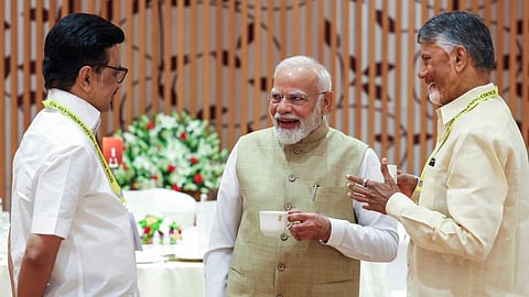 Prime Minister Narendra Modi with Tamil Nadu Chief Minister M.K. Stalin and Andhra Pradesh Chief Minister N. Chandrababu Naidu during the 10th meeting of the Governing Council of NITI Aayog, in New Delhi, Saturday, May 24, 2025. 