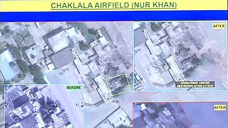 FILE | Satellite images showing widespread damage at Pakistan’s Nur Khan airbase asfter IAF strikes