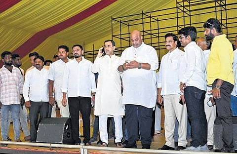 Minister K Atchannaidu and TDP leaders oversee arrangements for Mahanadu at Pabbapuram Layout in Kadapa district on Sunday.