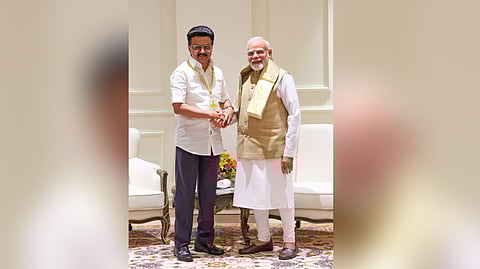 Chief Minister MK Stalin during his meeting with Prime Minister Narendra Modi in New Delhi on Saturday.