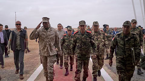 Gen. Michael Langley, USMC, Commander, US Africa Command, center, and Major General Mohammed Berrid, Inspector General of Moroccan Royal Armed Forces, attend the 21st edition of the African Lion military exercise, in Tantan, south of Agadir, Morocco, Friday, May 23, 2025. 