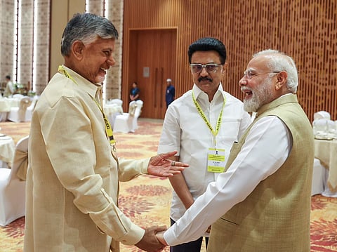 Minister Narendra Modi with Tamil Nadu Chief Minister M.K. Stalin and Andhra Pradesh Chief Minister N. Chandrababu Naidu during the 10th meeting of the Governing Council of NITI Aayog, in New Delhi, Saturday, May 24, 2025. 