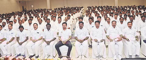 Deputy Chief Minister Udhayanidhi Stalin with the DMK’s youth wing functionaries at a meeting held in Tiruchy on Sunday