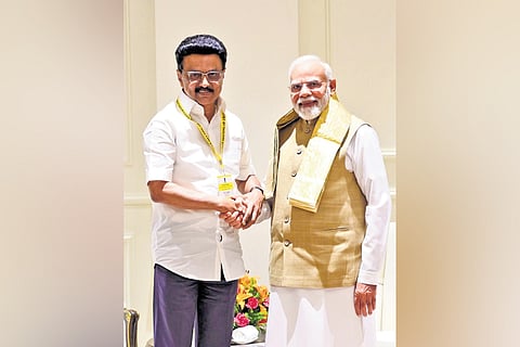Tamil Nadu Chief Minister MK Stalin  with PM Modi after Niti Aayog meeting 