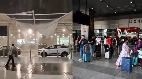 Heavy rain damaged the newly designed membrane shade at the airport’s Terminal 1, which was installed after a fatal incident last year. 