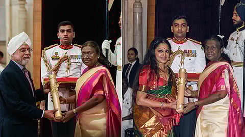 President Droupadi Murmu confers Padma Vibhushan to Justice (retd) Khehar (L) for public affairs and Padma Bhushan to dancer and actor Shobana Chadrakumar (R) during Civil Investiture Ceremony-II at Rashtrapati Bhavan in New Delhi on Tuesday.