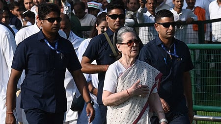 Congress leader Sonia Gandhi after paying tribute to India's first prime minister Pt. Jawaharlal Nehru on his death anniversary, at Shanti Van.