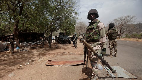 Nigerian soldiers at a checkpoint in Gwoza, northeast.