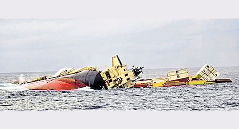 MSC Elsa 3, the Liberia-flagged vessel carrying 643 containers, sinks in the Arabian Sea.