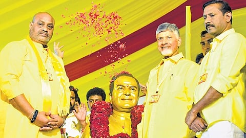 CM Nara Chandrababu Naidu garlands NTR’s statue on the inaugural  day of Mahanadu in Kadapa on Tuesday  