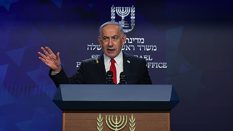 Israeli Prime Minister Benjamin Netanyahu speaks during a press conference in Jerusalem, Wednesday, May 21, 2025. 