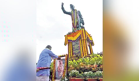 CM Siddaramaiah pays tributes to former PM Jawaharlal Nehru on his death anniversary at Vidhana Soudha in Bengaluru on Tuesday 