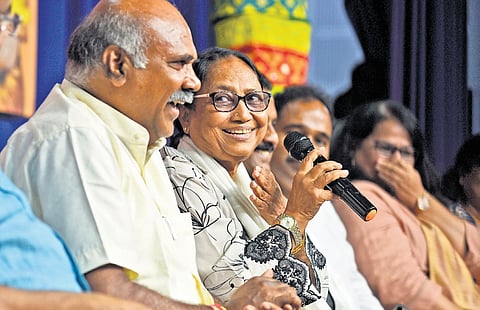 International Booker Prize winner Banu Mushtaq speaks after being felicitated at a Karnataka Union of Working Journalists event on Wednesday.