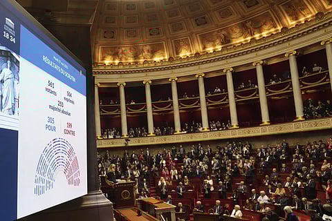 A board shows the result after France's lower house of parliament has adopted a bill to allow adults with incurable illness to take lethal medication, Tuesday, May 27, 2025 at the National Assembly in Paris.